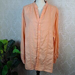Caribbean Size XLT Sherbert Orange Button Front Shirt 100% Linen Notched V-Neck